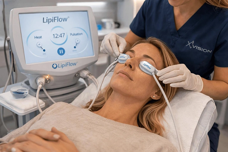 Woman receiving LipiFlow eye treatment with medical device and technician adjusting sensors on her eyelids.