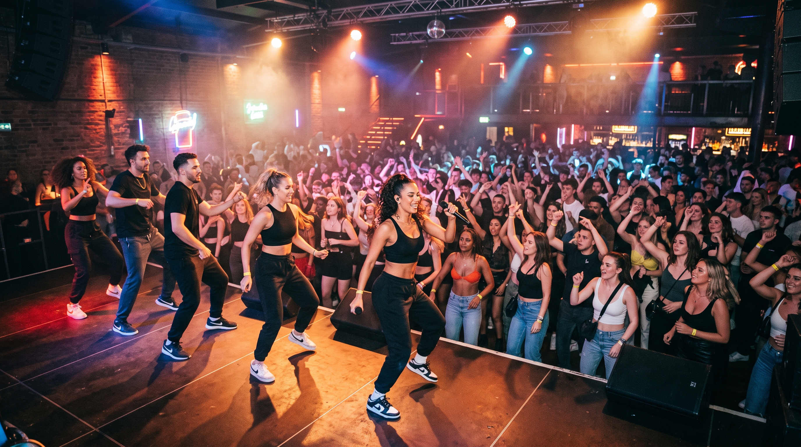 Dance troupe leading a routine on stage
