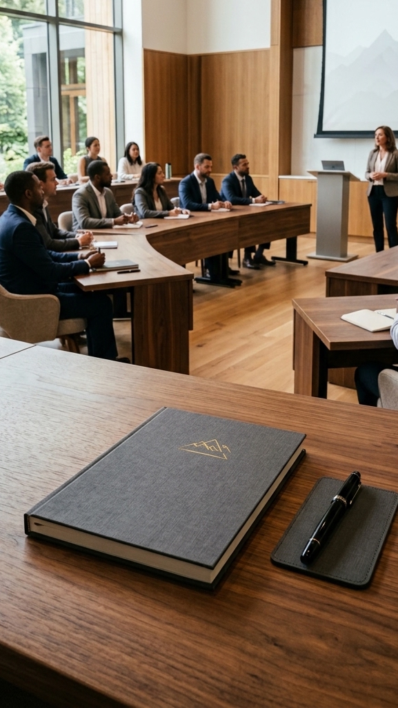 Notebook on a table in a training room