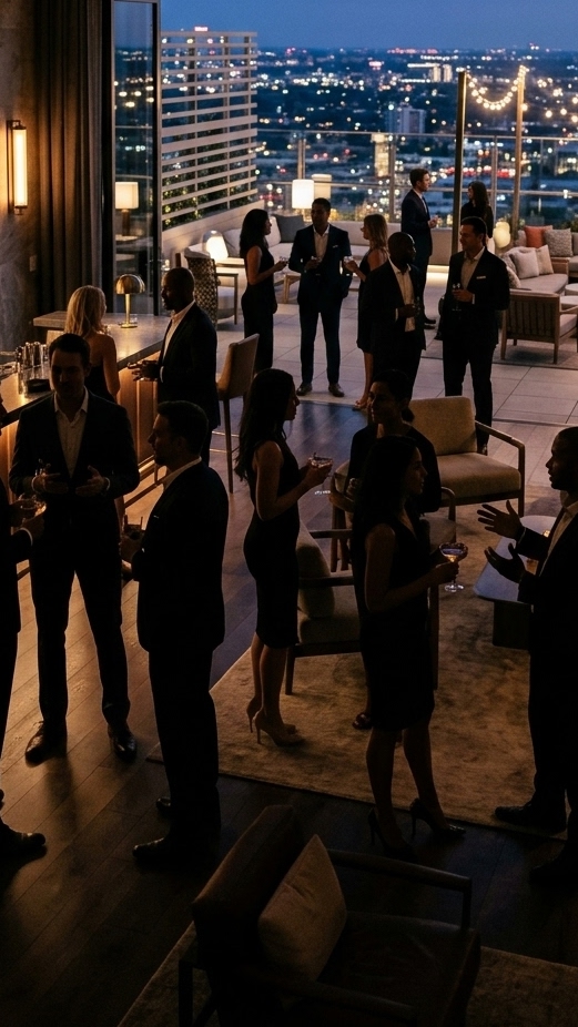 Members networking in a private lounge