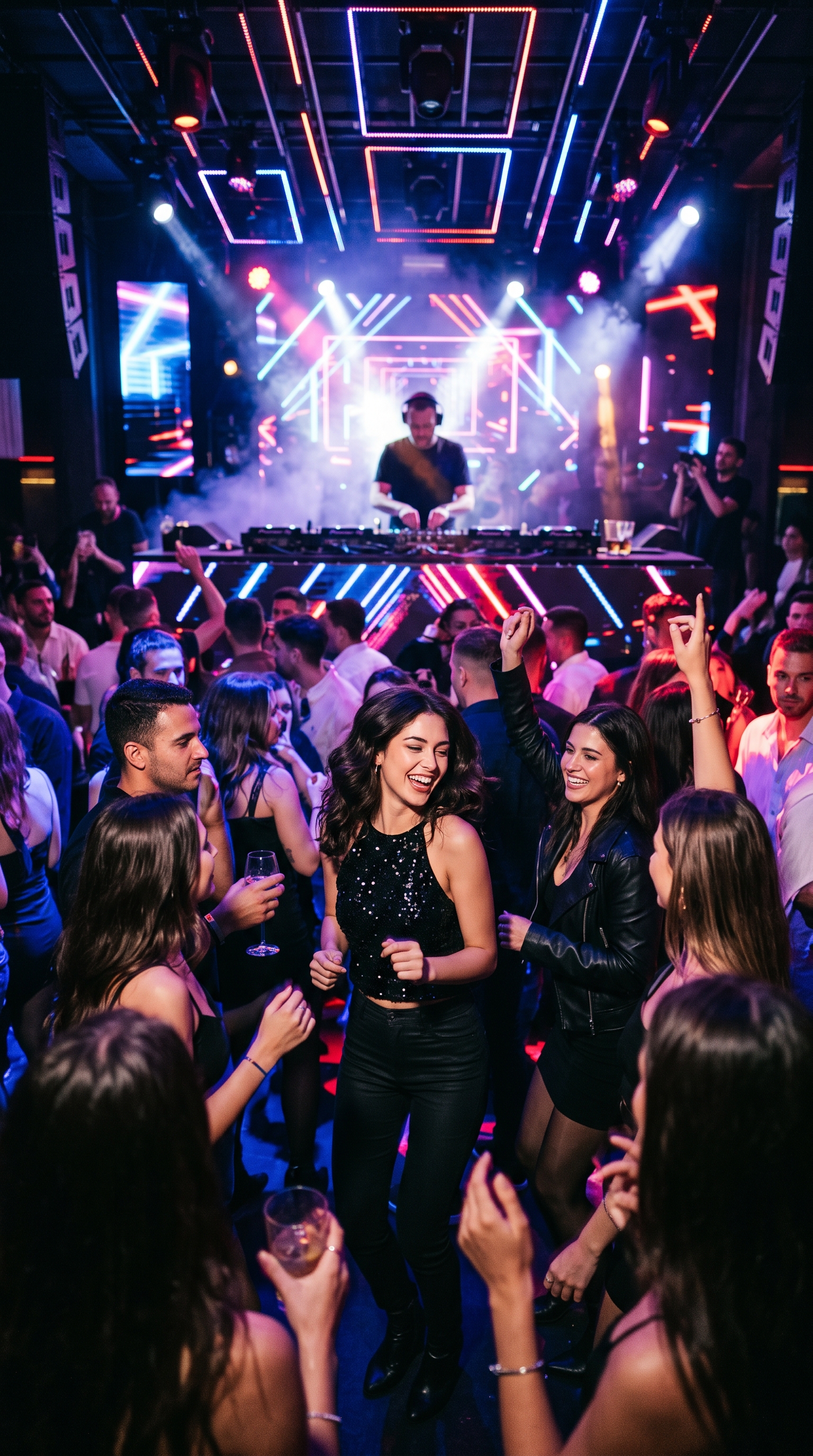 Nightclub floor with DJ and neon lighting