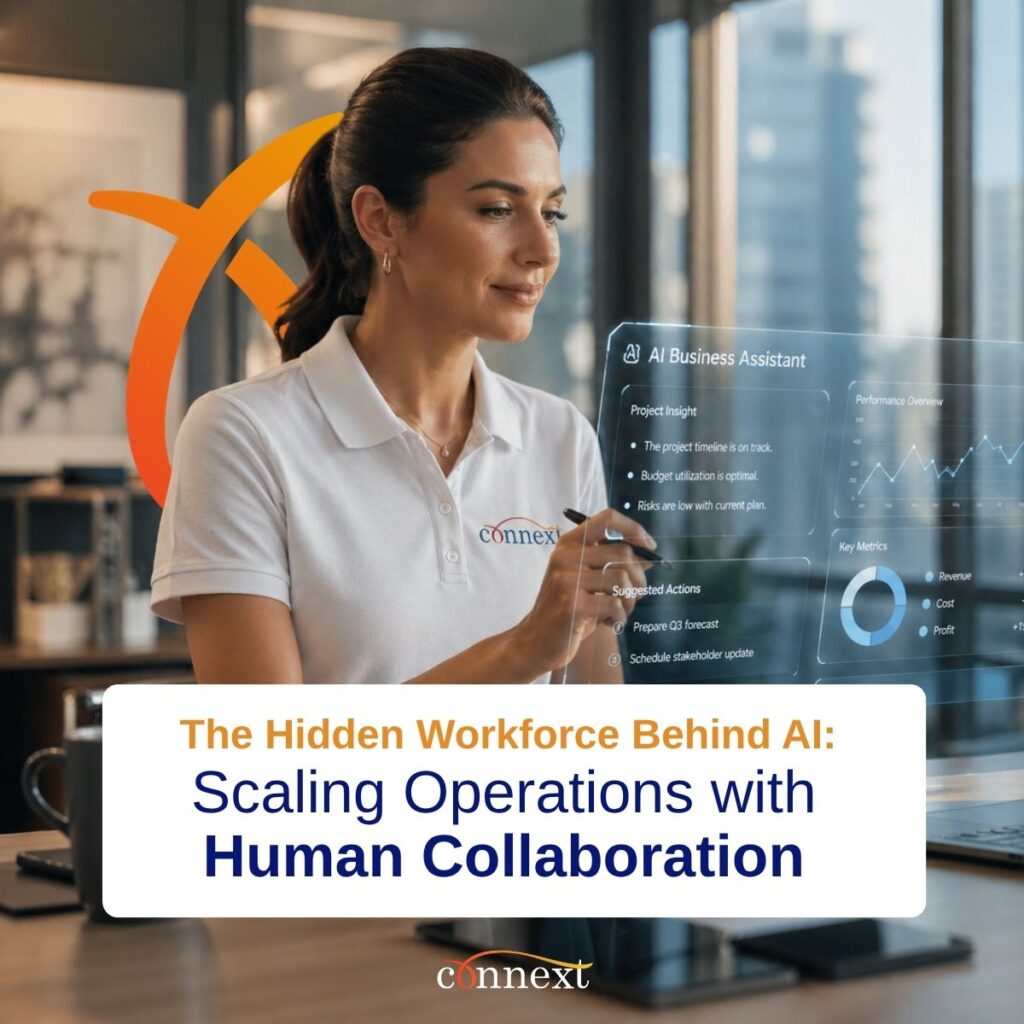 Woman in a Connext-branded polo using a stylus to interact with a futuristic transparent display showing an AI Business Assistant dashboard with project insights, performance metrics, and suggested actions, alongside the title "The Hidden Workforce Behind AI: Scaling Operations with Human Collaboration."