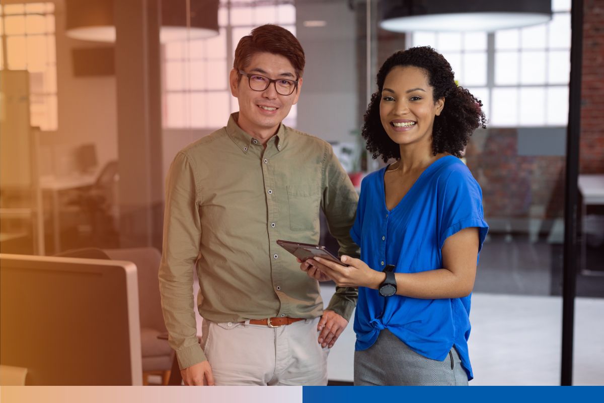 Diverse team members collaborating in modern office