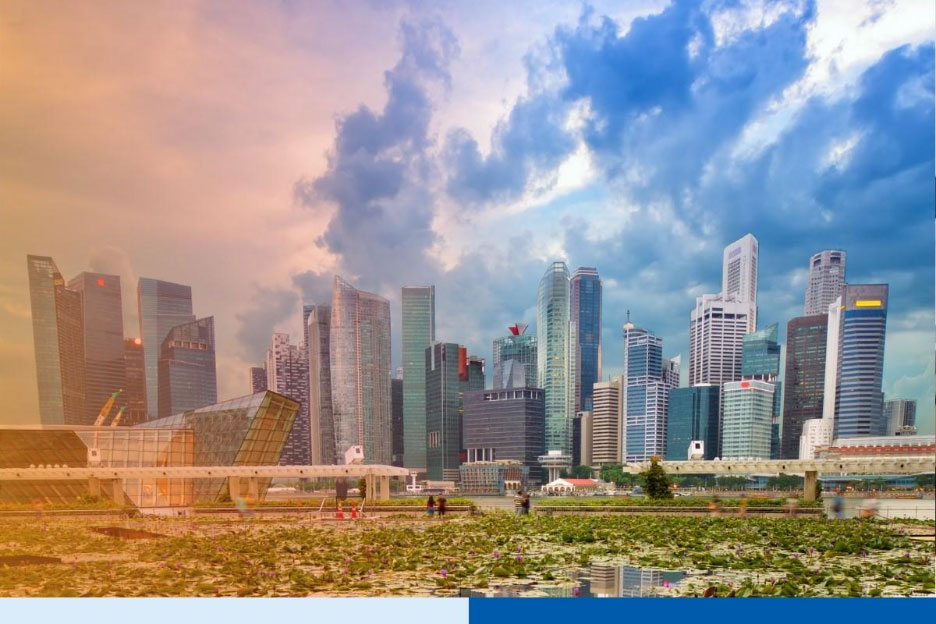 The Singapore skyline and Marina Bay financial district under a dramatic cloudy sky, highlighting Connext Global Solutions presence in global business hubs and international outsourcing networks.