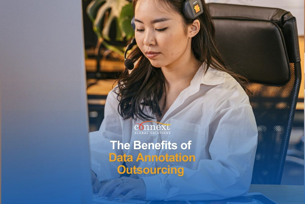 Connext Global Solutions specialist wearing headset working on data annotation outsourcing services.