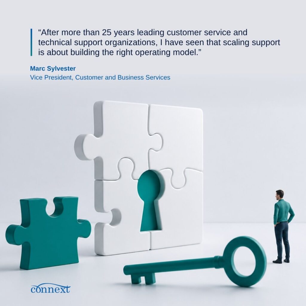 Quote graphic featuring Marc Sylvester, Vice President of Customer and Business Services at Connext, alongside puzzle pieces and a key.