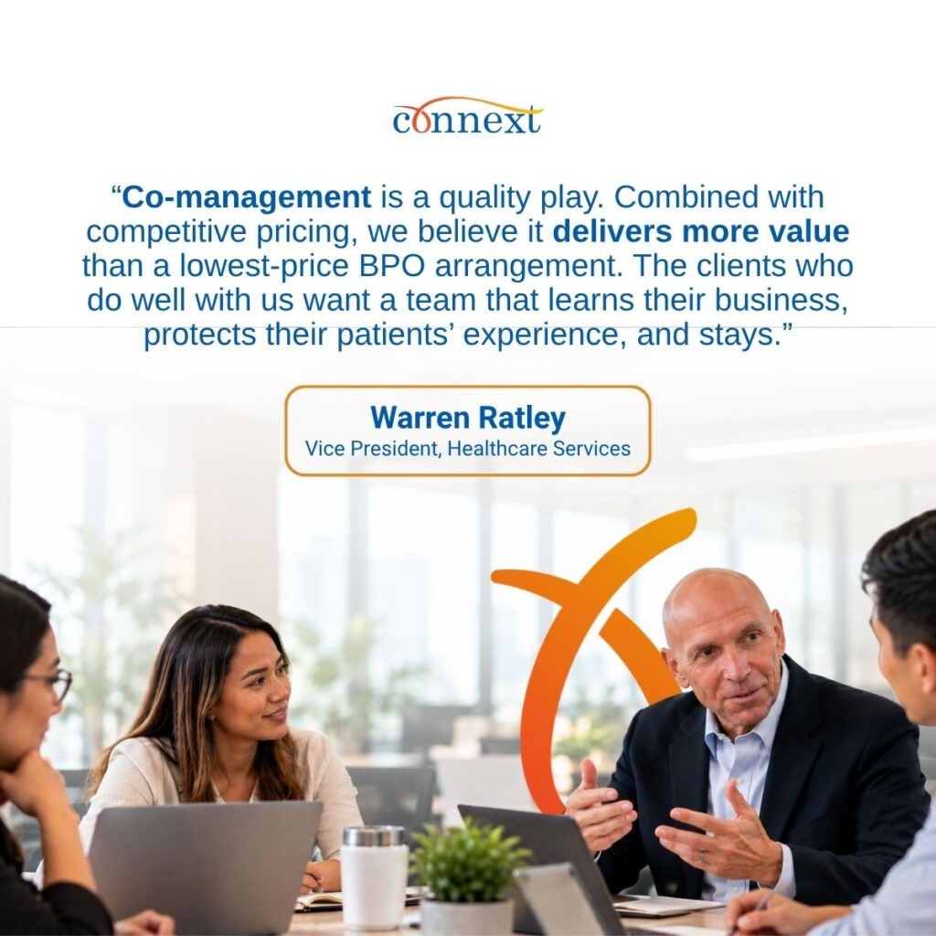 An image of Warren Ratley, Vice President of Healthcare Services at Connext with his quote about co-management.
