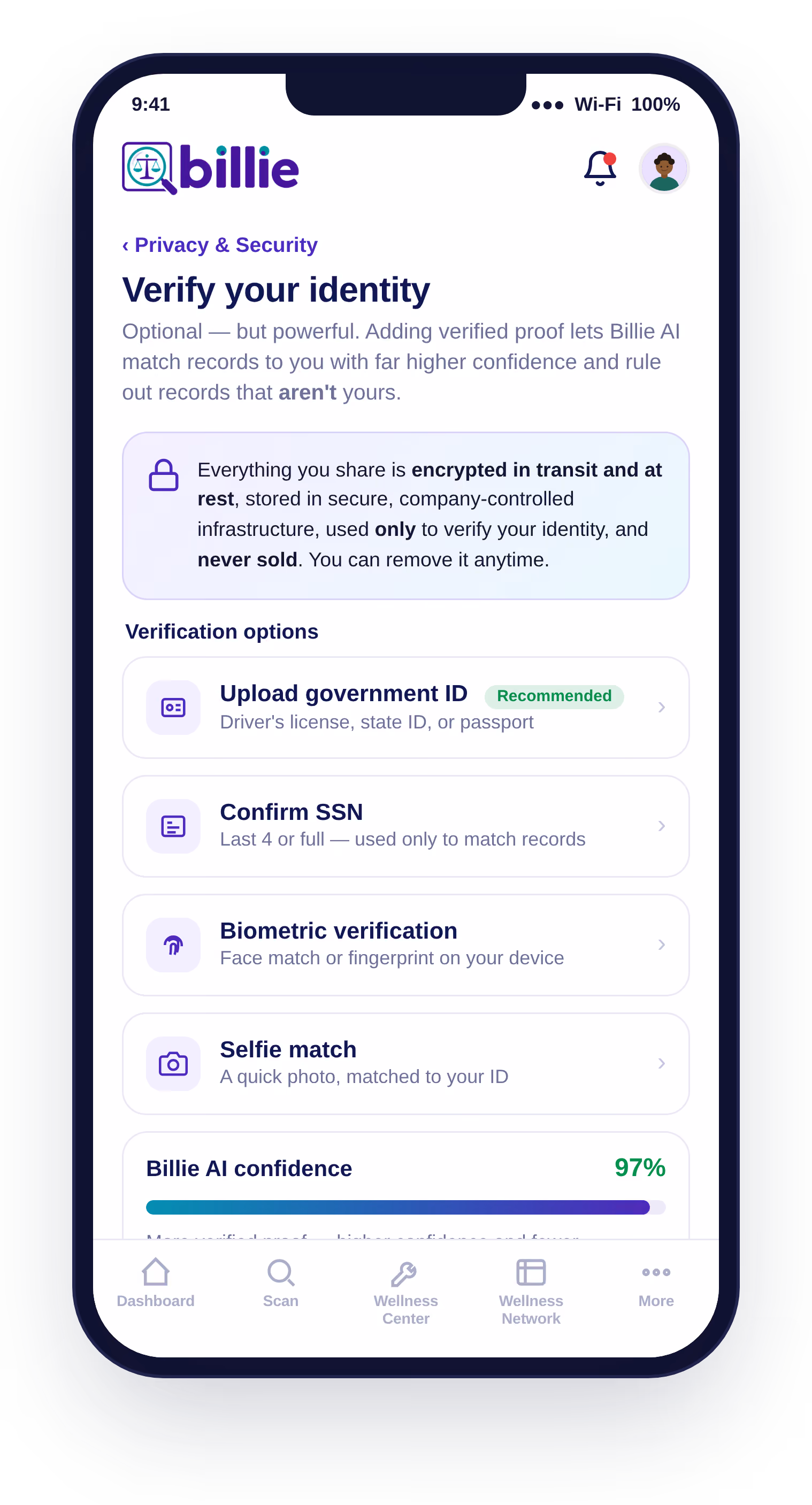 Smartphone screen showing Billie app's identity verification page with options to upload government ID, confirm SSN, biometric verification, and selfie match, plus a 97% Billie AI confidence score.