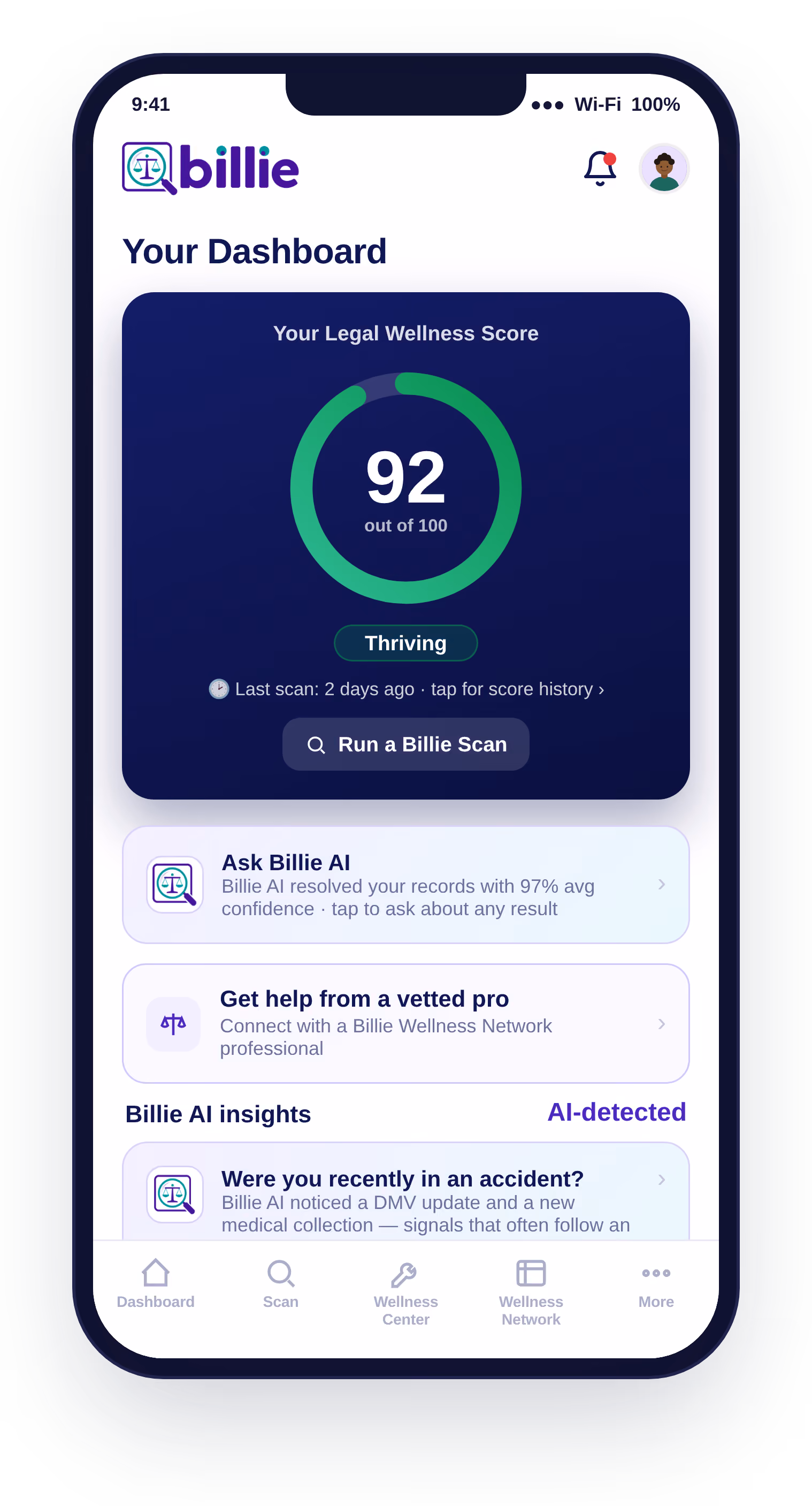 Smartphone screen showing billie app dashboard with a legal wellness score of 92 out of 100 labeled 'Thriving', options to run a Billie scan, ask Billie AI with 97% confidence, get help from a vetted pro, and AI insights about recent accident signals.