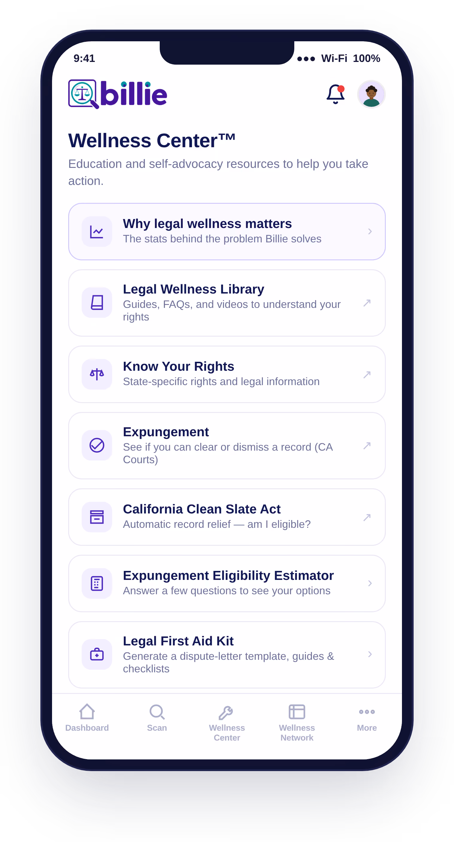 Mobile app screen titled 'Wellness Center' by billie offering educational and self-advocacy legal resources including Why legal wellness matters, Legal Wellness Library, Know Your Rights, Expungement, California Clean Slate Act, Expungement Eligibility Estimator, and Legal First Aid Kit.