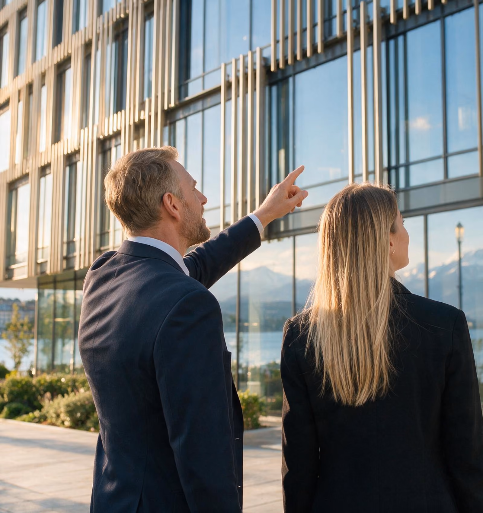 Un homme et une femme d'affaires debout devant un bâtiment moderne en verre, l'homme pointant vers l'avant ; la façade vitrée reflète un lac et des montagnes au loin.