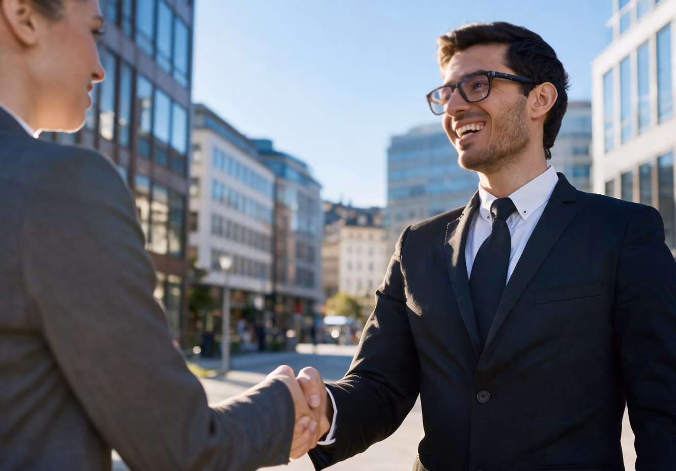 A smiling businessman in a dark suit and glasses shaking hands with a colleague on a sunny city street.