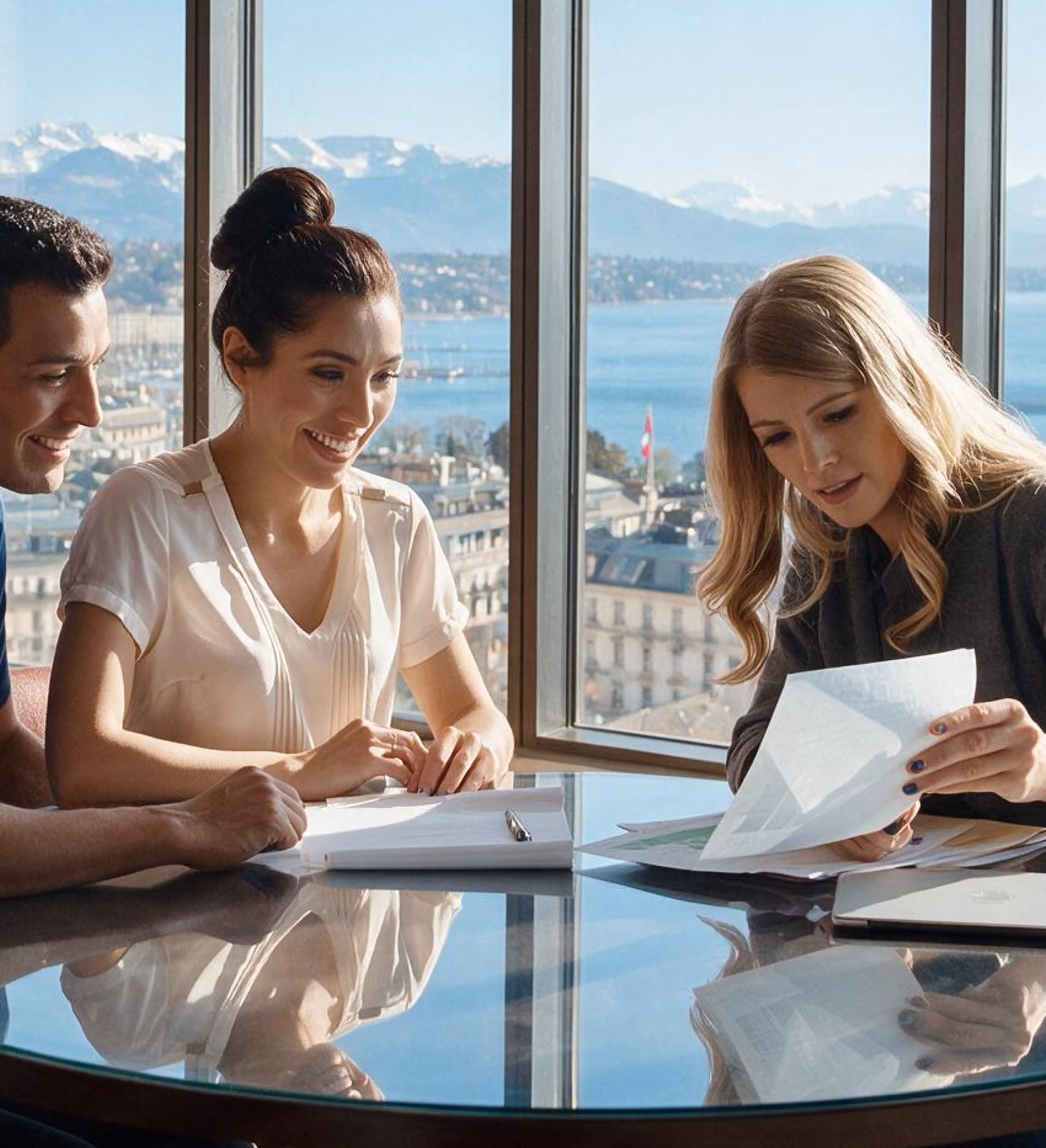 Une femme d'affaires examine des documents avec un couple souriant à une table en verre dans un bureau en hauteur surplombant le lac Léman et les Alpes.