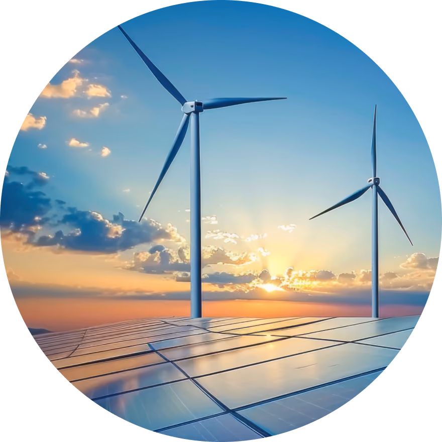 Deux éoliennes se dressant derrière un champ de panneaux solaires sous un coucher de soleil éclatant.