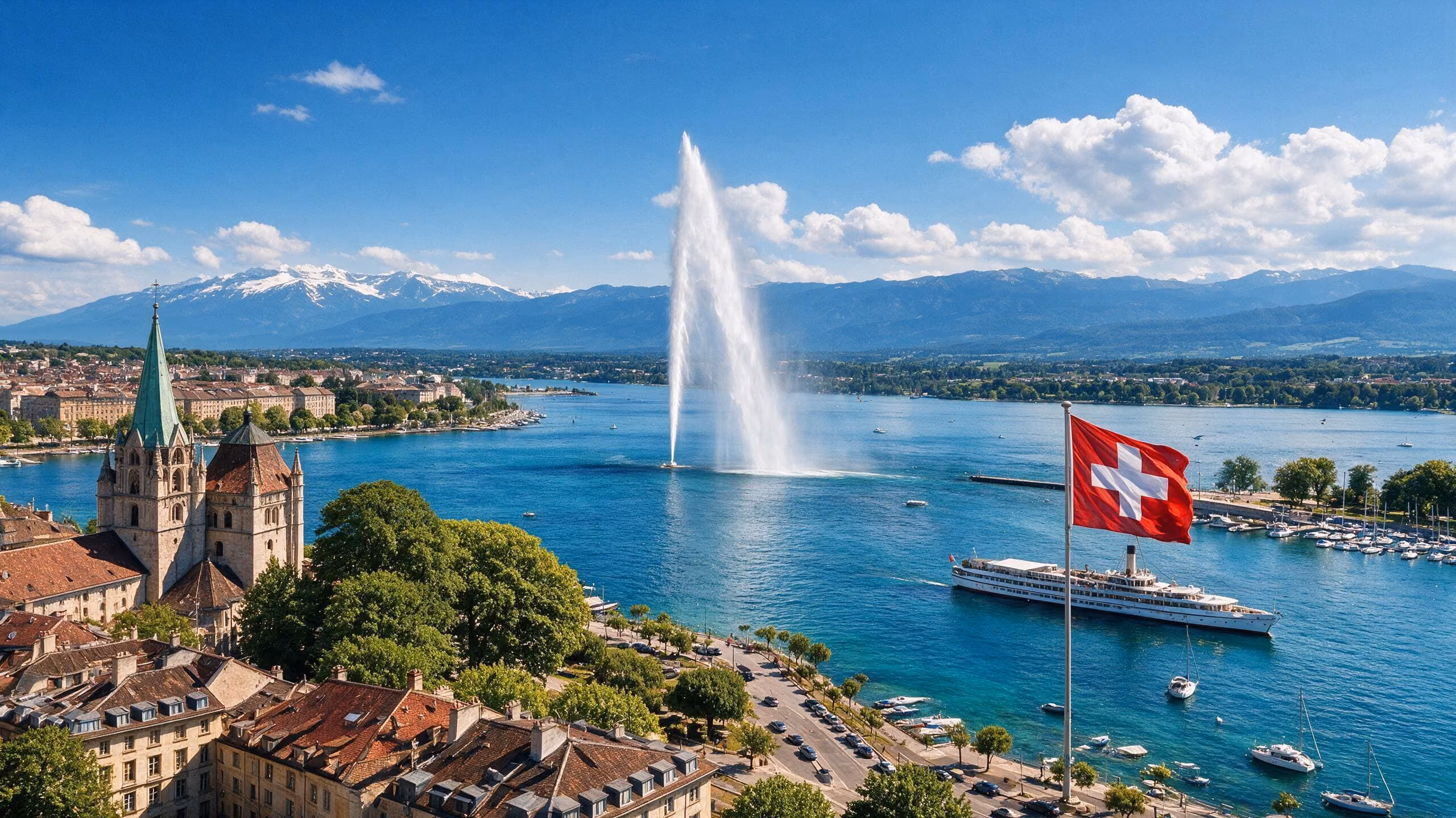 Une vue panoramique en hauteur de Genève montrant la cathédrale Saint-Pierre au premier plan, le Jet d'Eau s'élevant au-dessus du lac Léman, un grand drapeau suisse sur un mât, un bateau de croisière sur l'eau bleue et des montagnes enneigées au loin.