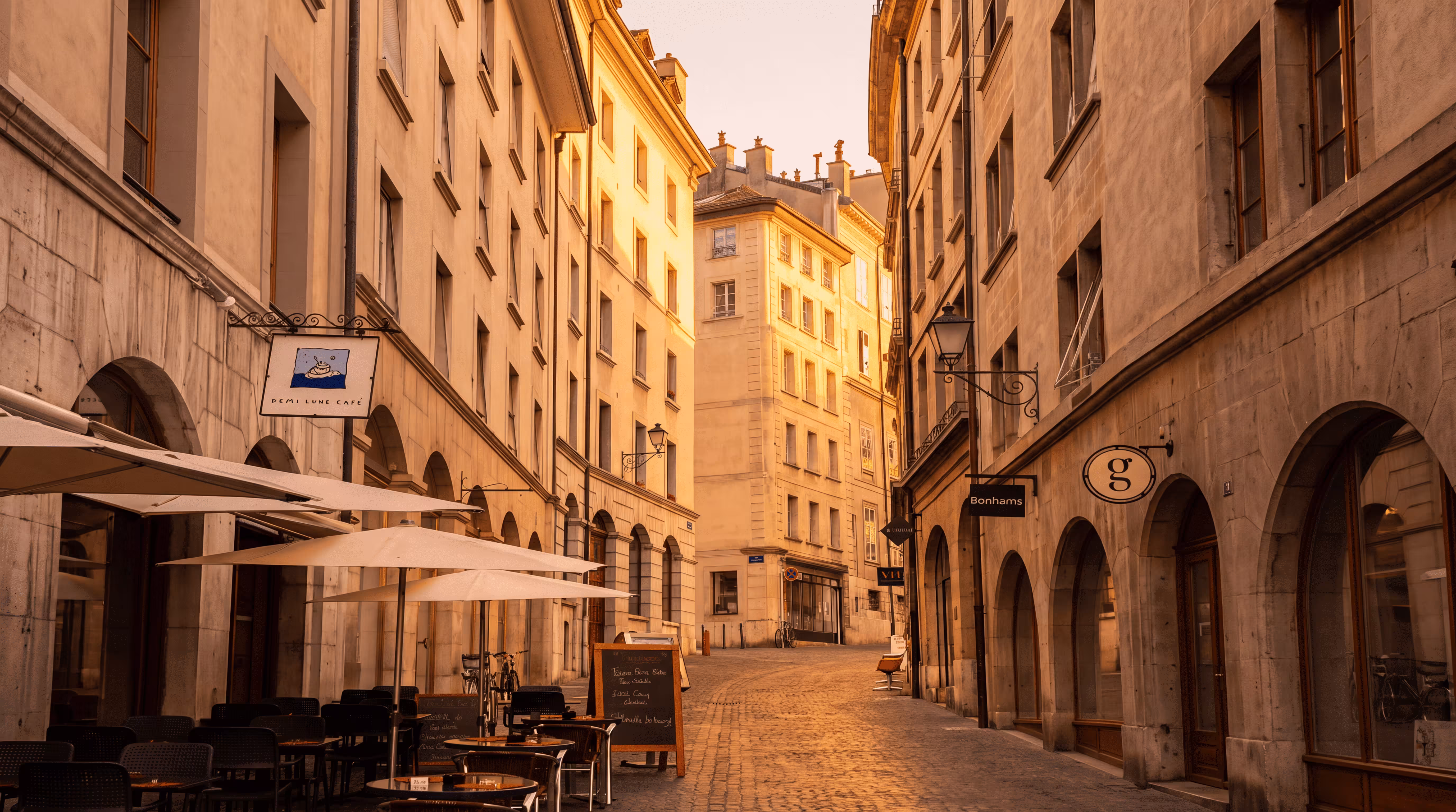 Une rue pavée étroite de la vieille ville historique de Genève baignée par la lumière dorée du soleil, avec les terrasses d'un café, des arcades en pierre et des enseignes de boutiques.