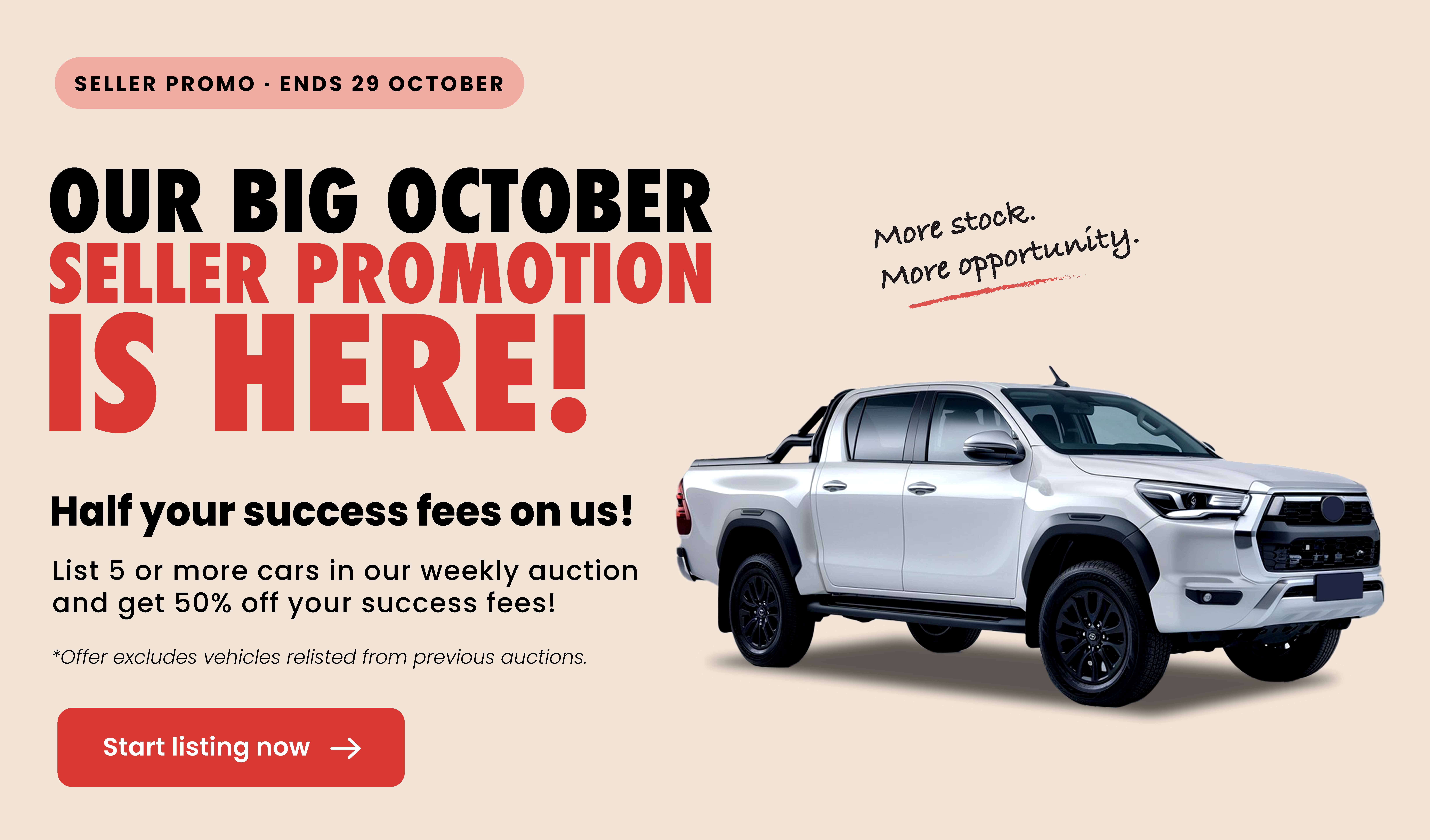 Dealer2Dealer October seller promotion: list 5 or more cars and get 50% off your success fees