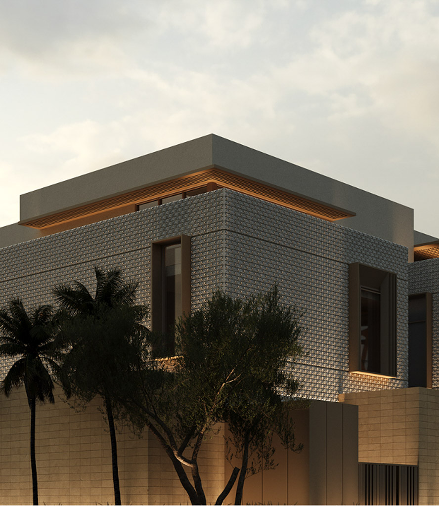 Villa exterior at dusk