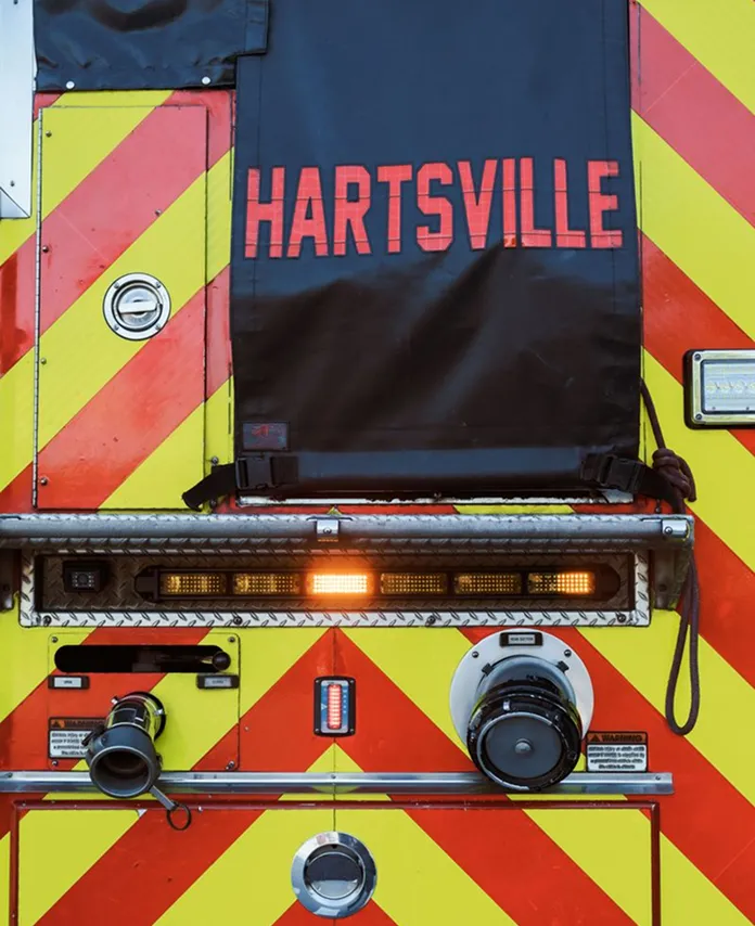 Rear of a Hartsville fire truck with emergency lights