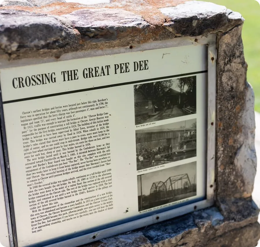 Historical marker about crossing the Great Pee Dee River