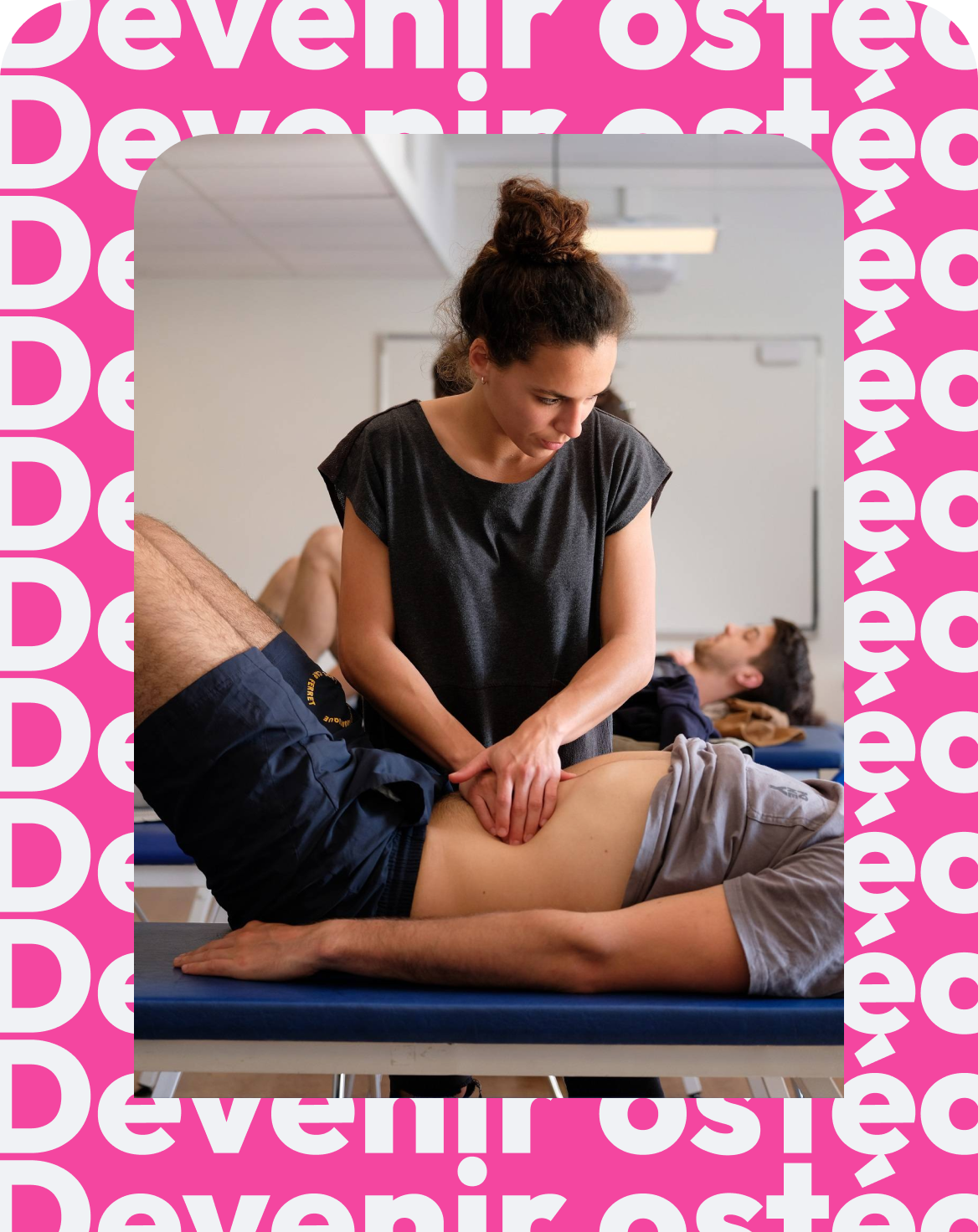 A woman in a black shirt performs an abdominal massage or manipulation on a man lying on a treatment table in a clinical or physical therapy setting, with other people visible in the background on similar tables.