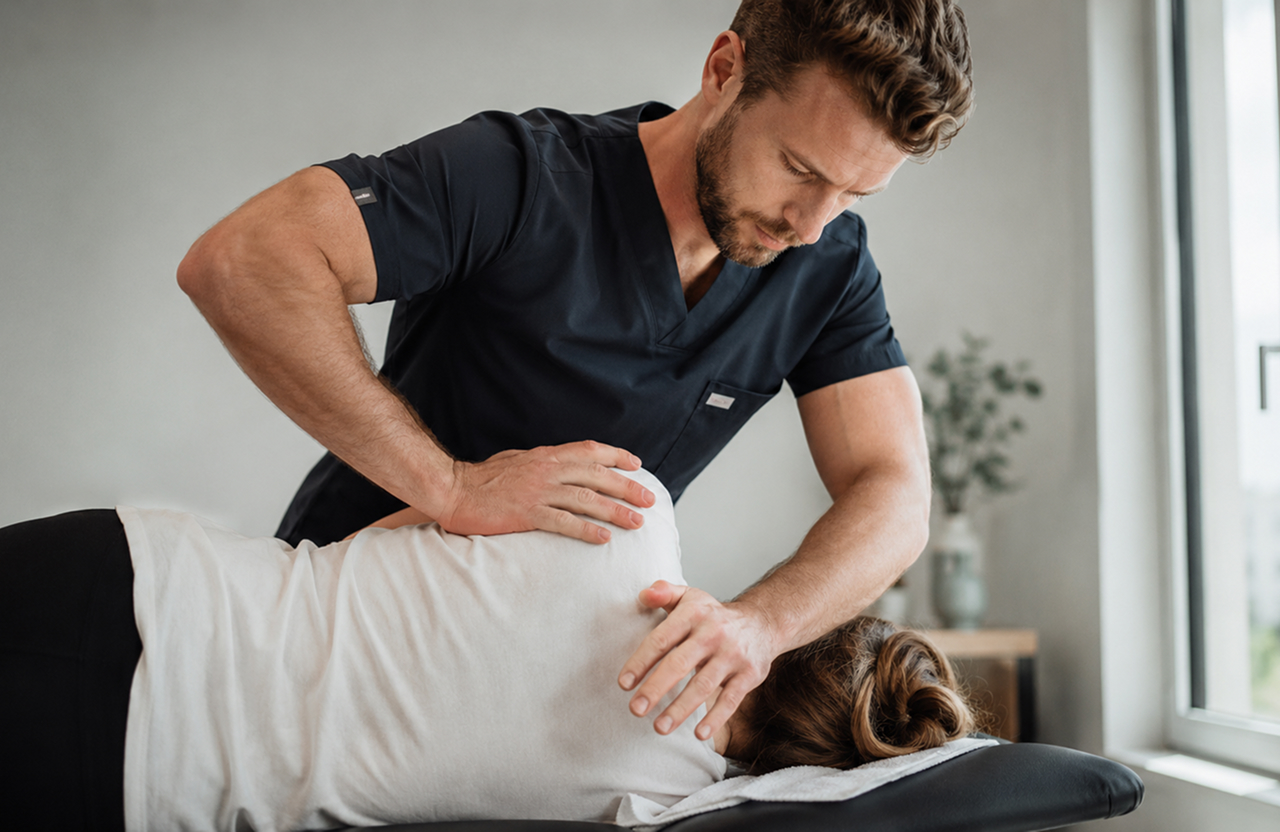 A male physical therapist wearing a dark blue scrub top is performing a shoulder adjustment on a female patient lying face down on a therapy table in a bright room.