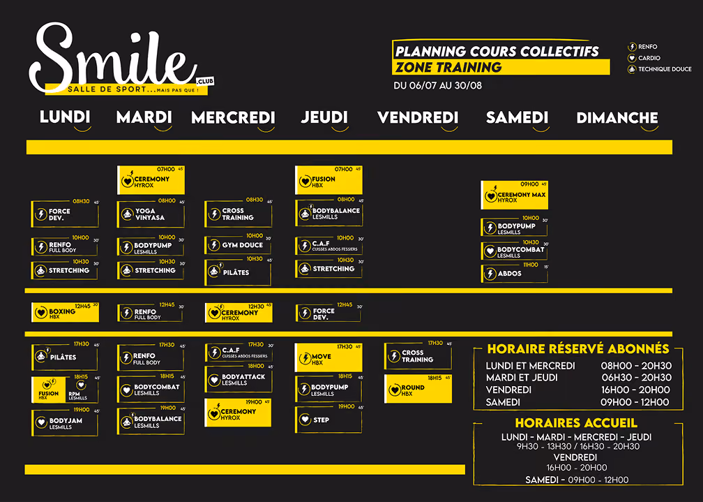 Planning d'été des cours collectifs du club de Mauléon
