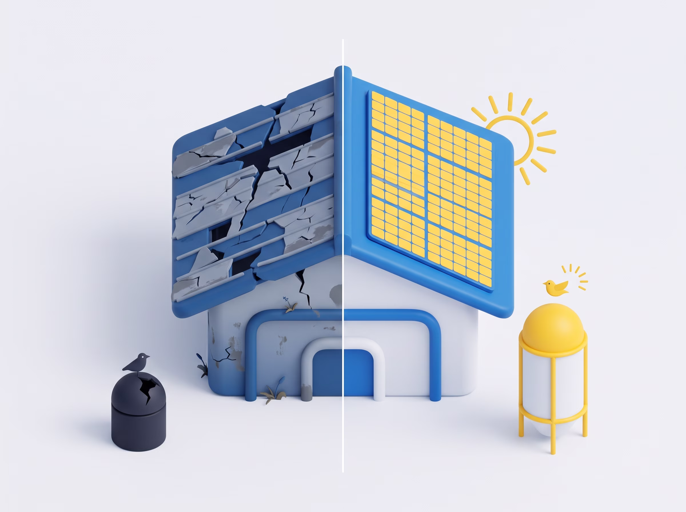 Batimeent avec la moitié d'une toiture abimé et l'autre moitié propre, équipe de panneau solaire