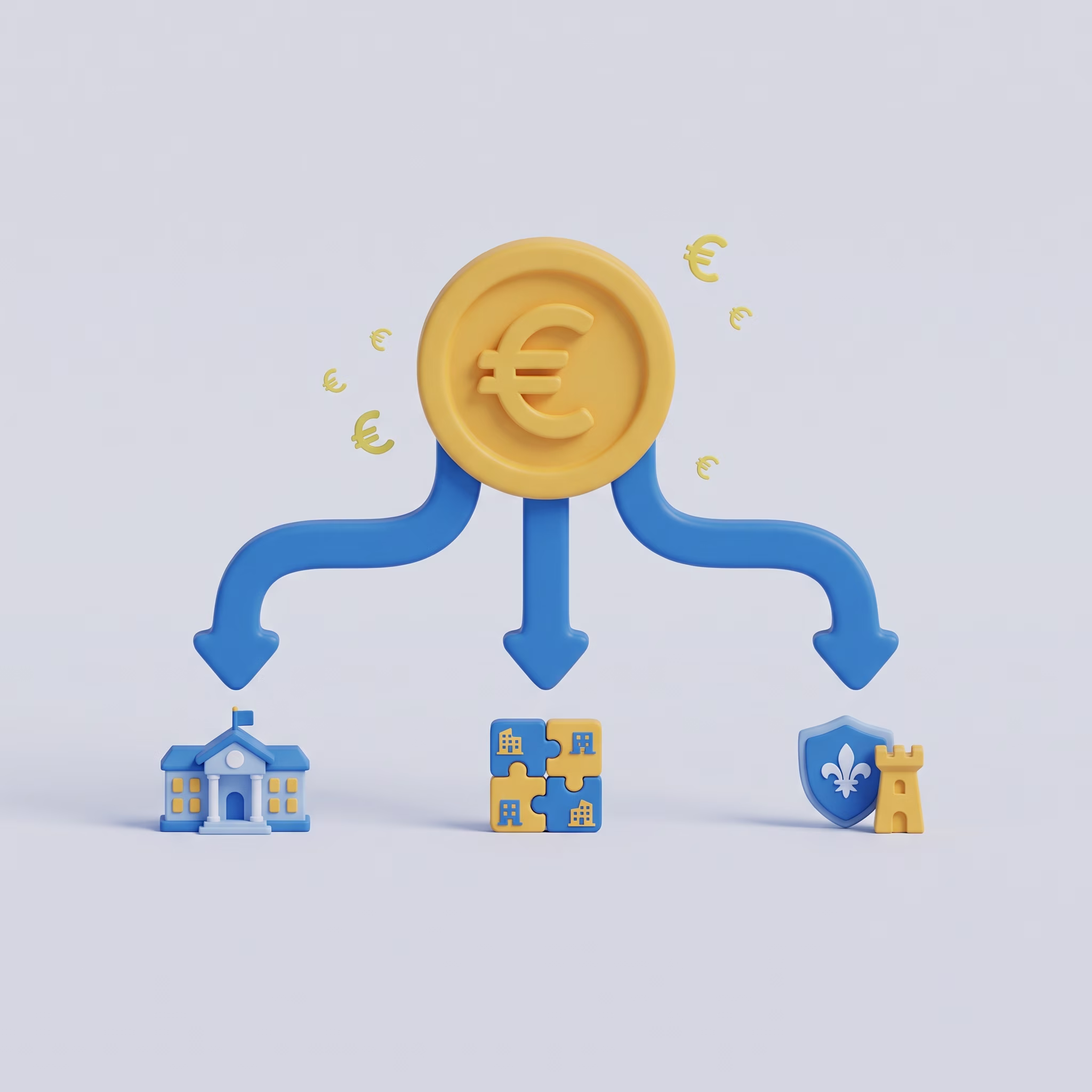Illustration vectorielle stylisée en 3D représentant une pièce d'un euro centrale en or avec un grand symbole euro (€) et des flèches bleues pointant vers le bas vers trois catégories : une icône de bâtiment scolaire pour l'éducation, quatre pièces de puzzle interconnectées représentant la structure et la coopération, et un bouclier bleu avec une fleur de lys héraldique et une icône de tour de château pour la sécurité et la culture. L'ensemble est entouré de plus petits symboles euro or flottants, sur un fond blanc propre, symbolisant la distribution, l'investissement ou la répartition budgétaire de l'Union Européenne ou des pays de la zone euro. Le style est un rendu 3D propre et graphique.