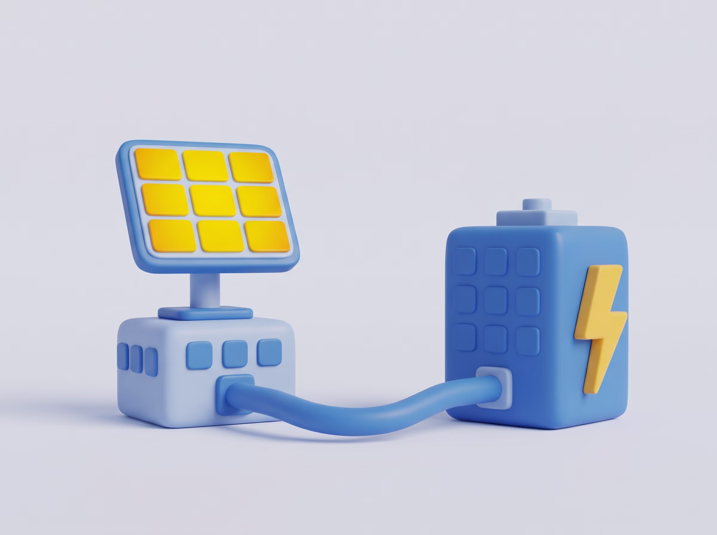 Une illustration 3D stylisée d'un micro-réseau énergétique intelligent et durable sur fond blanc. Au centre, un hub de conversion vert est connecté par des câbles bleus luminescents à diverses sources d'énergie renouvelable : un panneau solaire incliné (en bas à gauche), une éolienne (en haut à gauche) et un barrage hydroélectrique miniature (en haut à droite). Ces sources alimentent des unités de stockage d'énergie, représentées par une grande batterie de bâtiment avec un symbole d'éclair (en bas à droite) et un groupe de piles rechargeables plus petites (à droite). De minuscules particules lumineuses circulent le long des câbles pour illustrer le flux d'électricité propre.
