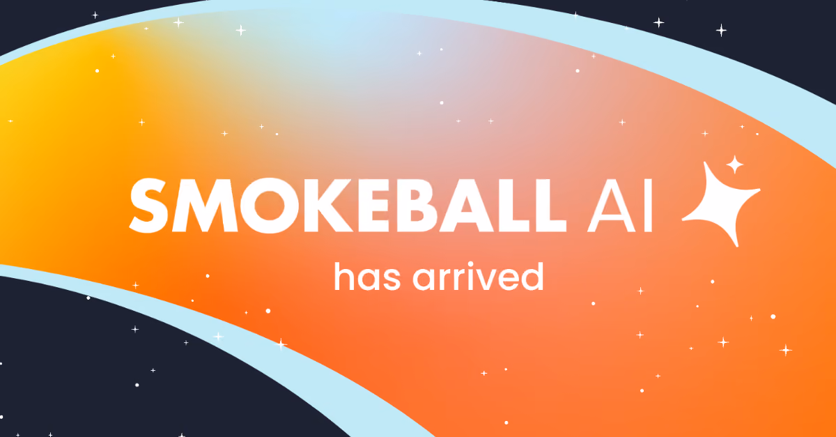Text "Smokeball Archie AI is here" on a rainbow of shades of orange with a dark blue background