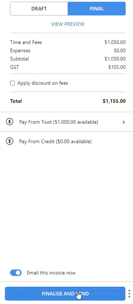 Finalise and send invoice button.