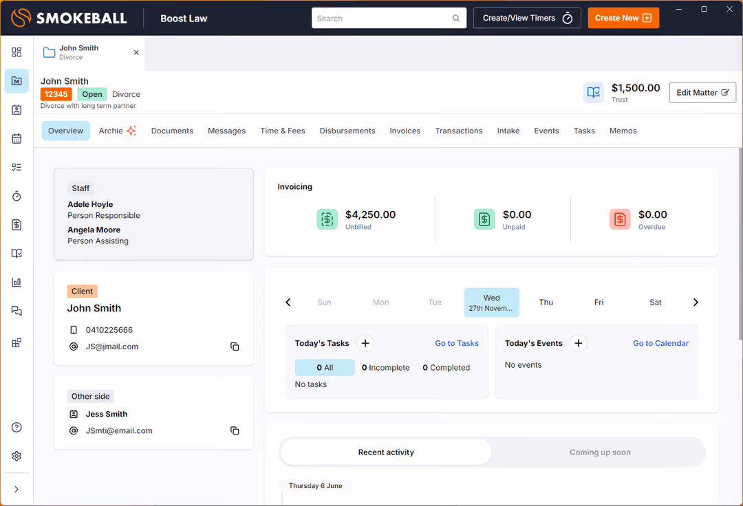 Law case management dashboard showing client details, invoicing, tasks, events, and staff for a divorce case.