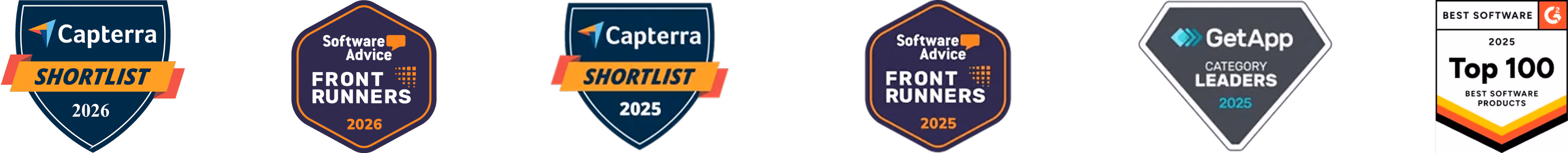 Six badges for software awards from Capterra, Software Advice, GetApp, and G2 for years 2025 and 2026.