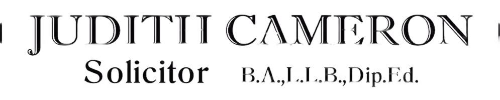 Judith Cameron Solicitor B.A., L.I.B., Dip.Fd. text logo in black serif font.