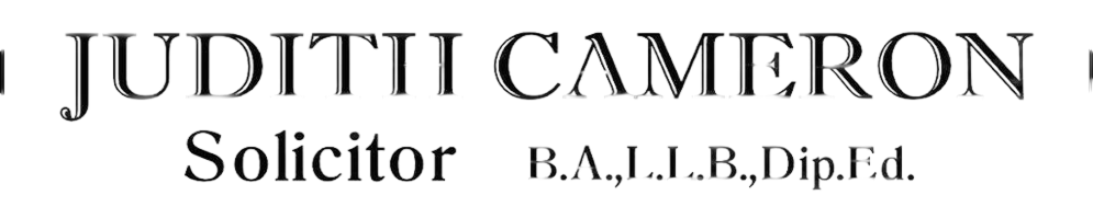 Judith Cameron Solicitor B.A., L.I.B., Dip.Fd. text logo in black serif font.