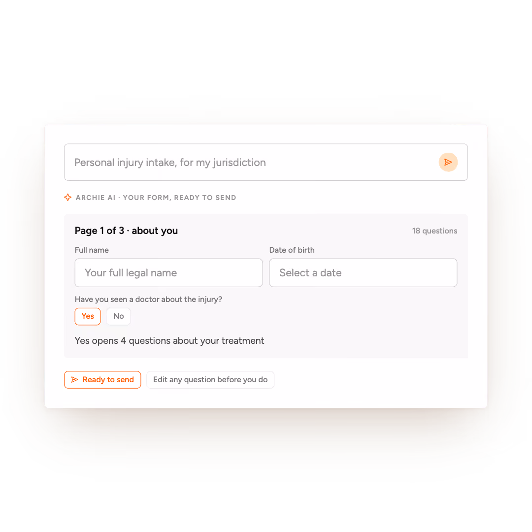 Personal injury intake form with fields for full name, date of birth, and doctor visit question with yes or no options.