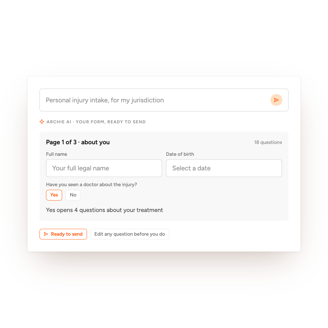 Personal injury intake form with fields for full name, date of birth, and doctor visit question with yes or no options.