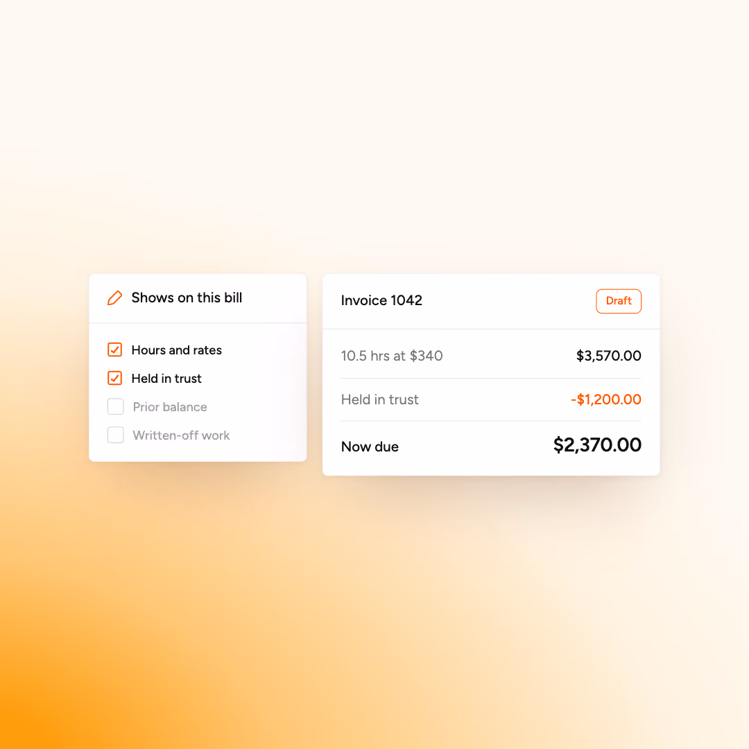 Two panels showing invoice details: hours and rates checked, held in trust checked, amounts and total due.