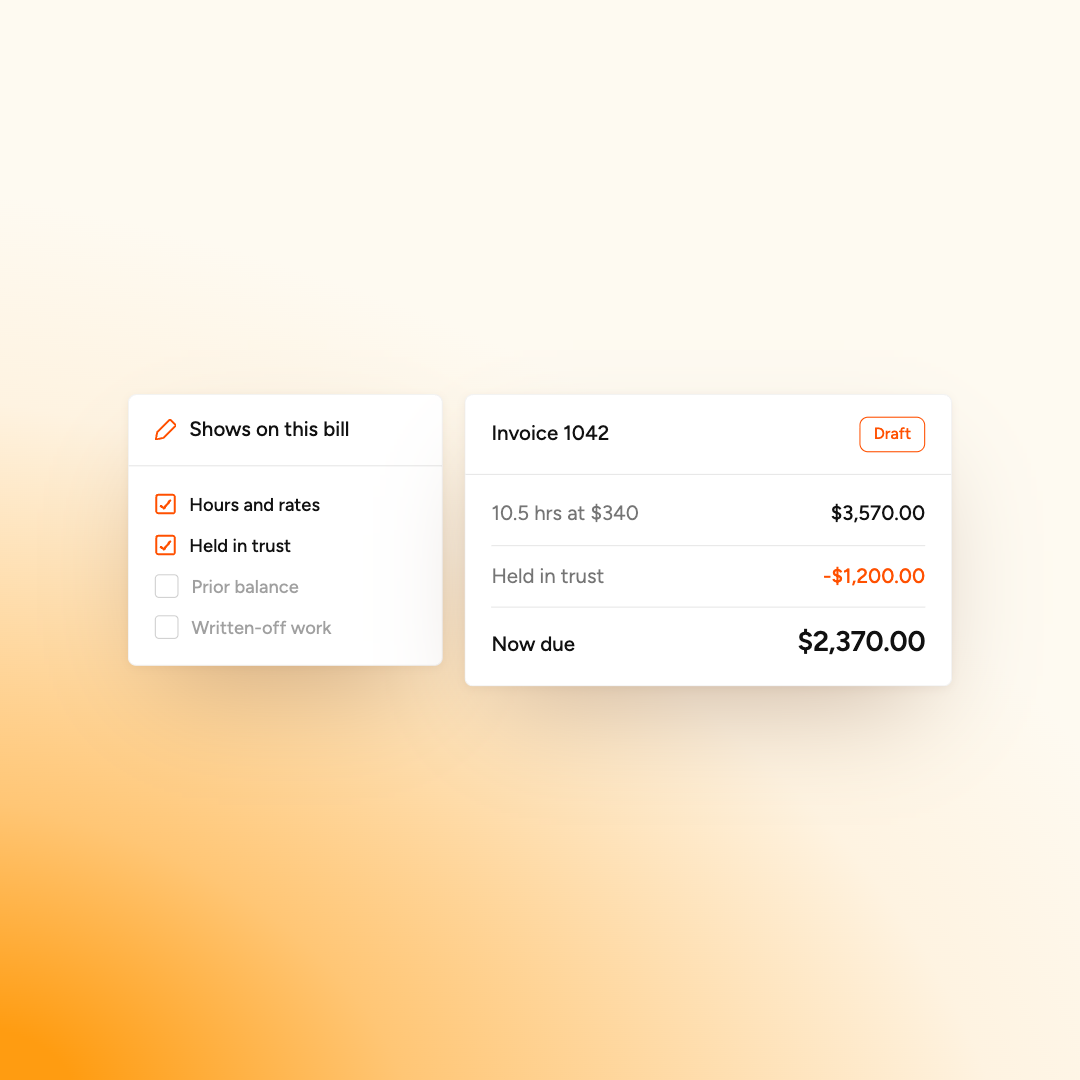 Two panels showing invoice details: hours and rates checked, held in trust checked, amounts and total due.