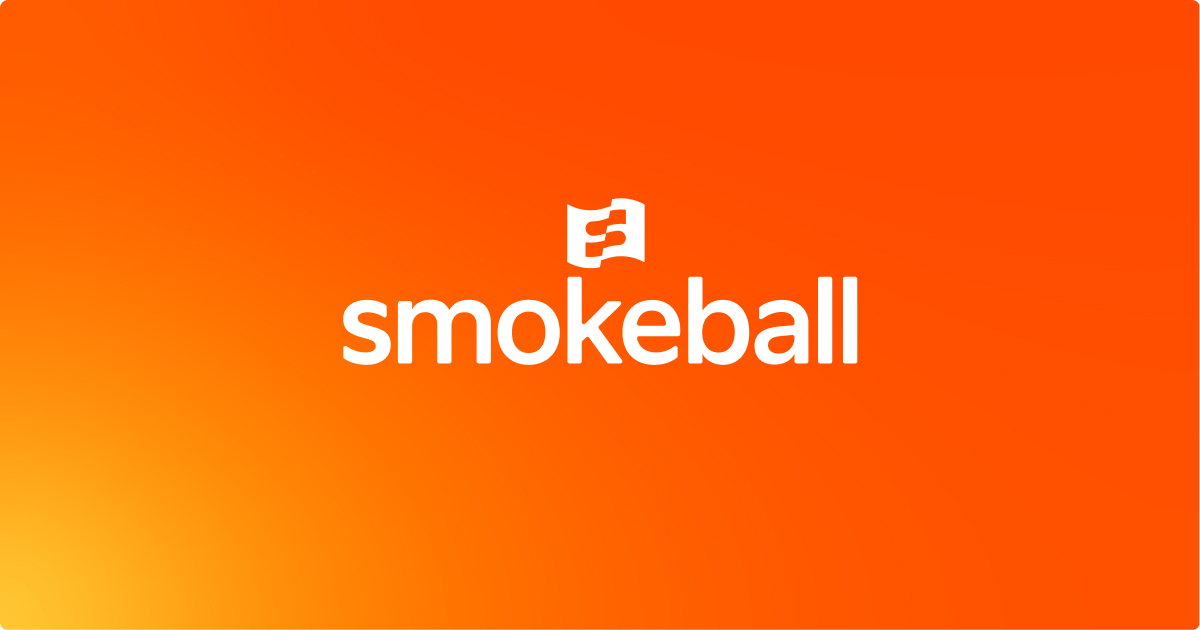 White Smokeball text logo with a stylized flag icon above on an orange gradient background.