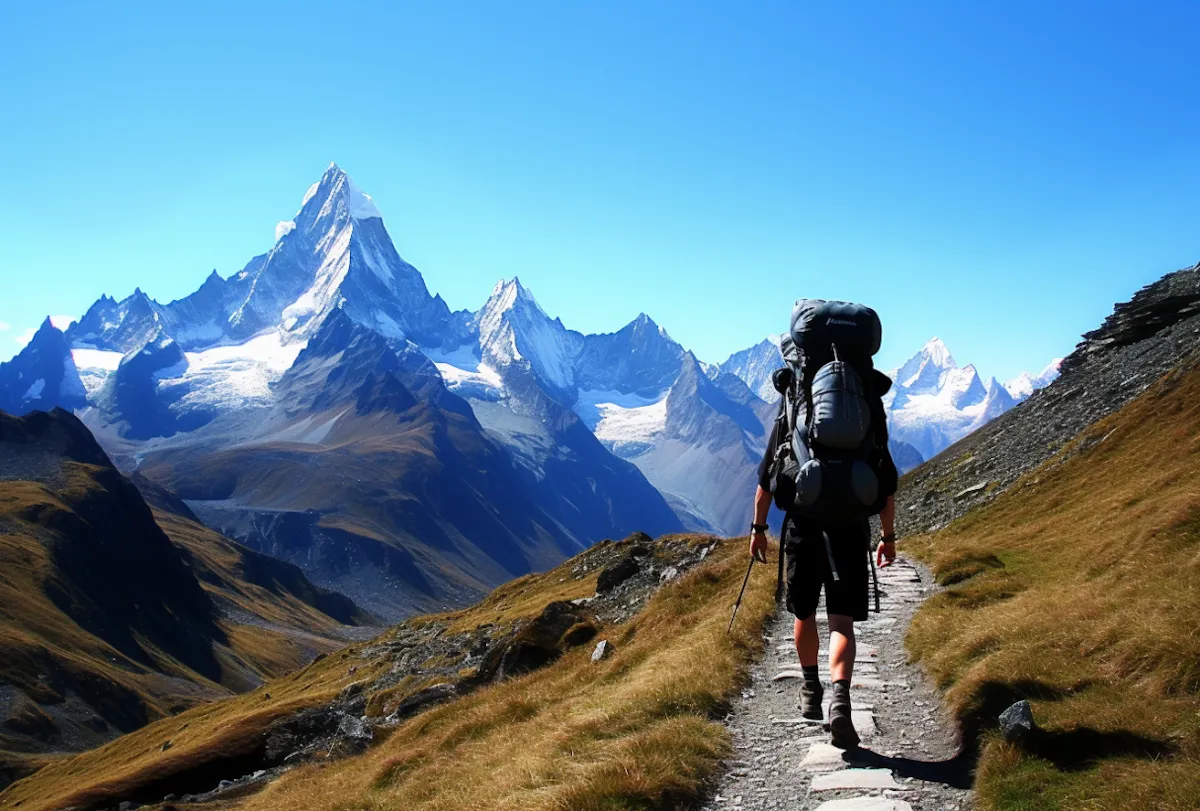 Backpacker exploring mountain trail
