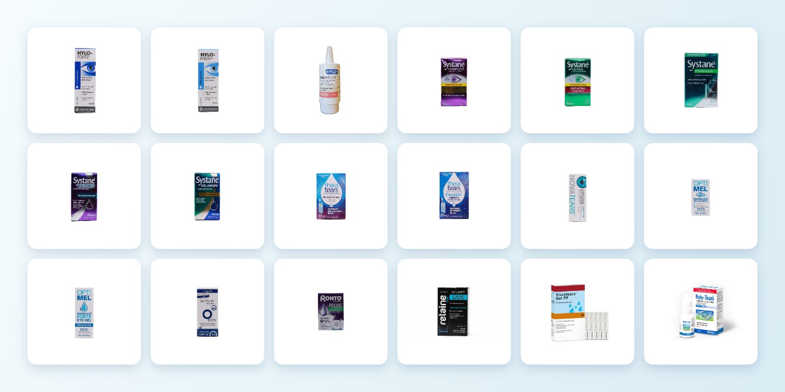 Range of preservative-free dry eye drops, gels and ointments including Hylo, Systane, TheraTears, NovaTears, Optimel and Viscotears