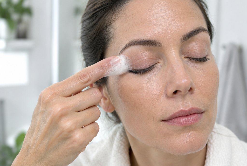 Illustrative image of a woman cleaning her closed eyelid with cleansing foam