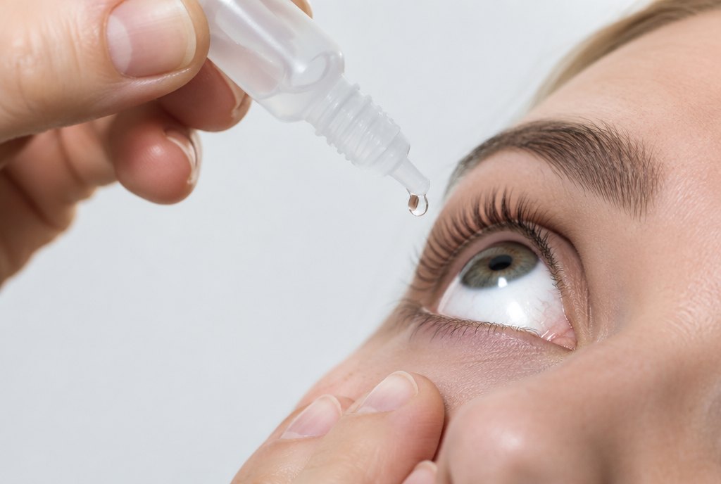 Illustrative image of a drop falling from an unbranded vial into an eye