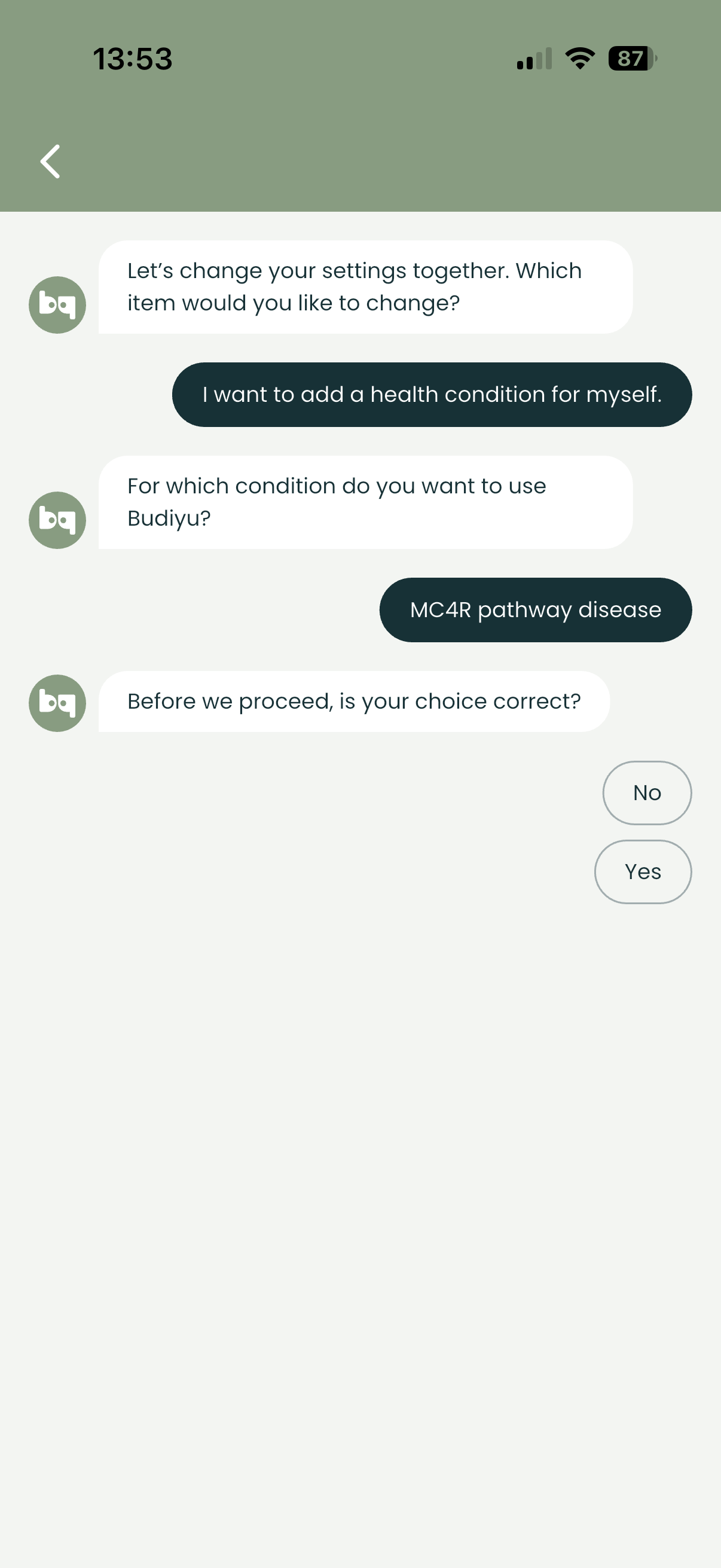 Gesprek in de Budiyu app waarin je een aandoening kiest