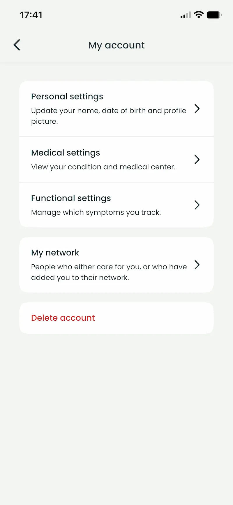 The My account screen in the Budiyu app, with the Delete account button at the bottom