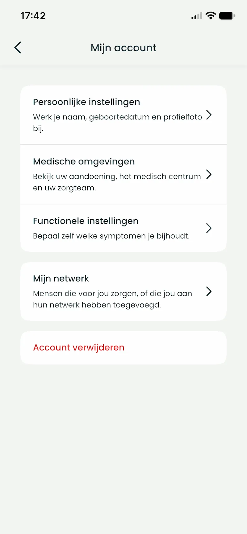 Het scherm Mijn account in de Budiyu-app, met onderaan de knop Account verwijderen