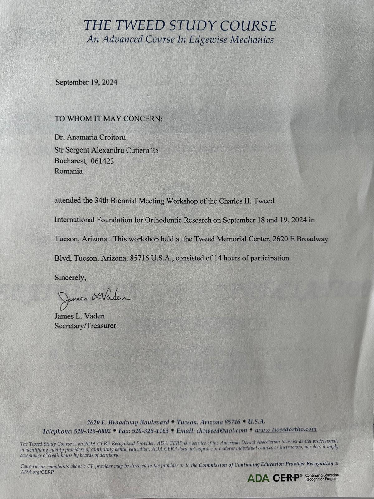 Certificate of participation for Dr. Anamaria Croitoru in the 34th Tweed Study Course workshop in 2024.