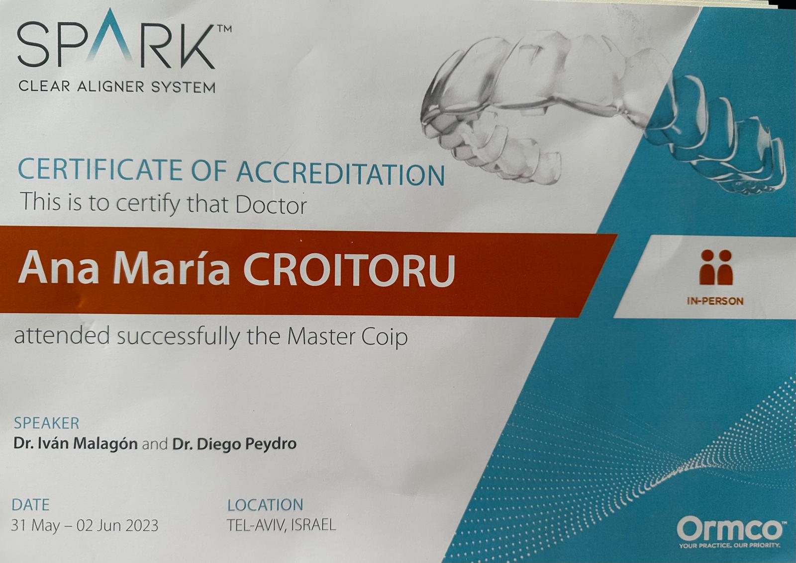 Certificate of accreditation for Dr. Ana María Croitoru for attending Spark Master Course in Tel-Aviv.